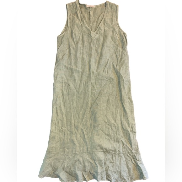 Francesca Bettini Green Sleeveless V Neck 100% Linen Midi Dress Womens Size S - Picture 2 of 6